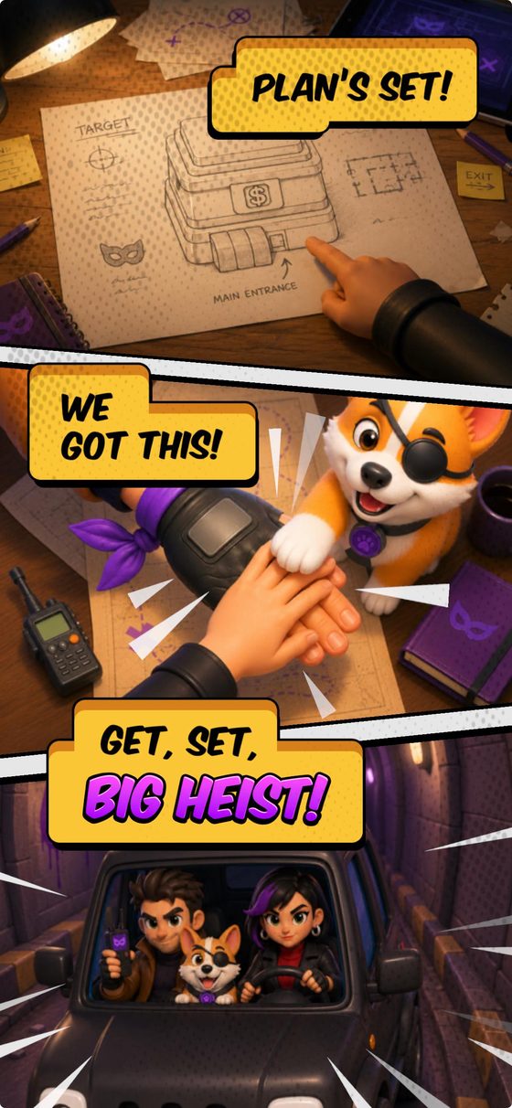 Match Heist comic strip — the crew sets the plan, stacks hands and drives off shouting “Get, set, big heist!”