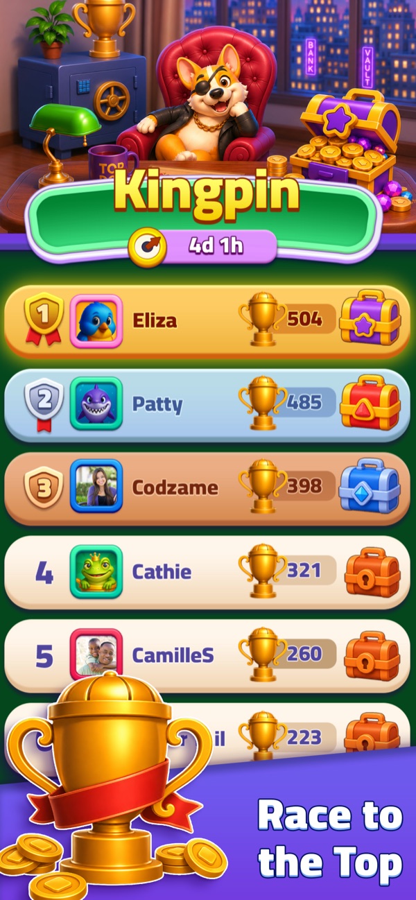 Match Heist Kingpin leaderboard showing players ranked by trophies